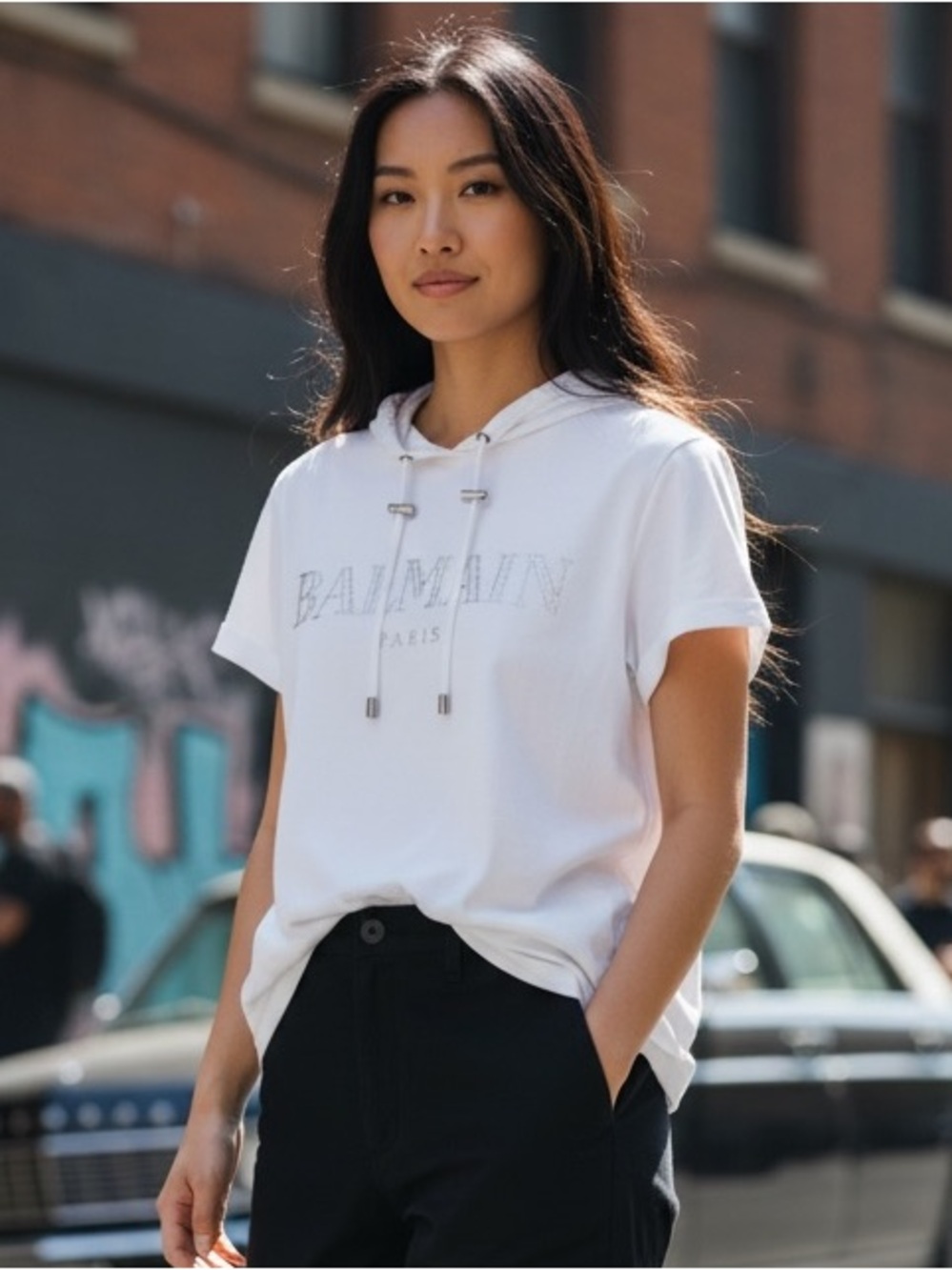 Balmain White Logo Short-Sleeve Hooded Tee